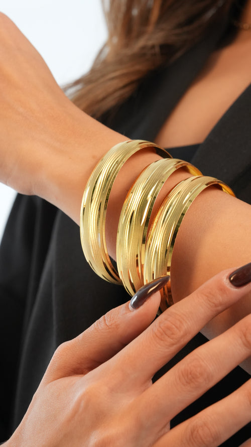 22 Ayar Altın Görünümlü Ağaç Kabuğu Bilezik – 3'lü Set