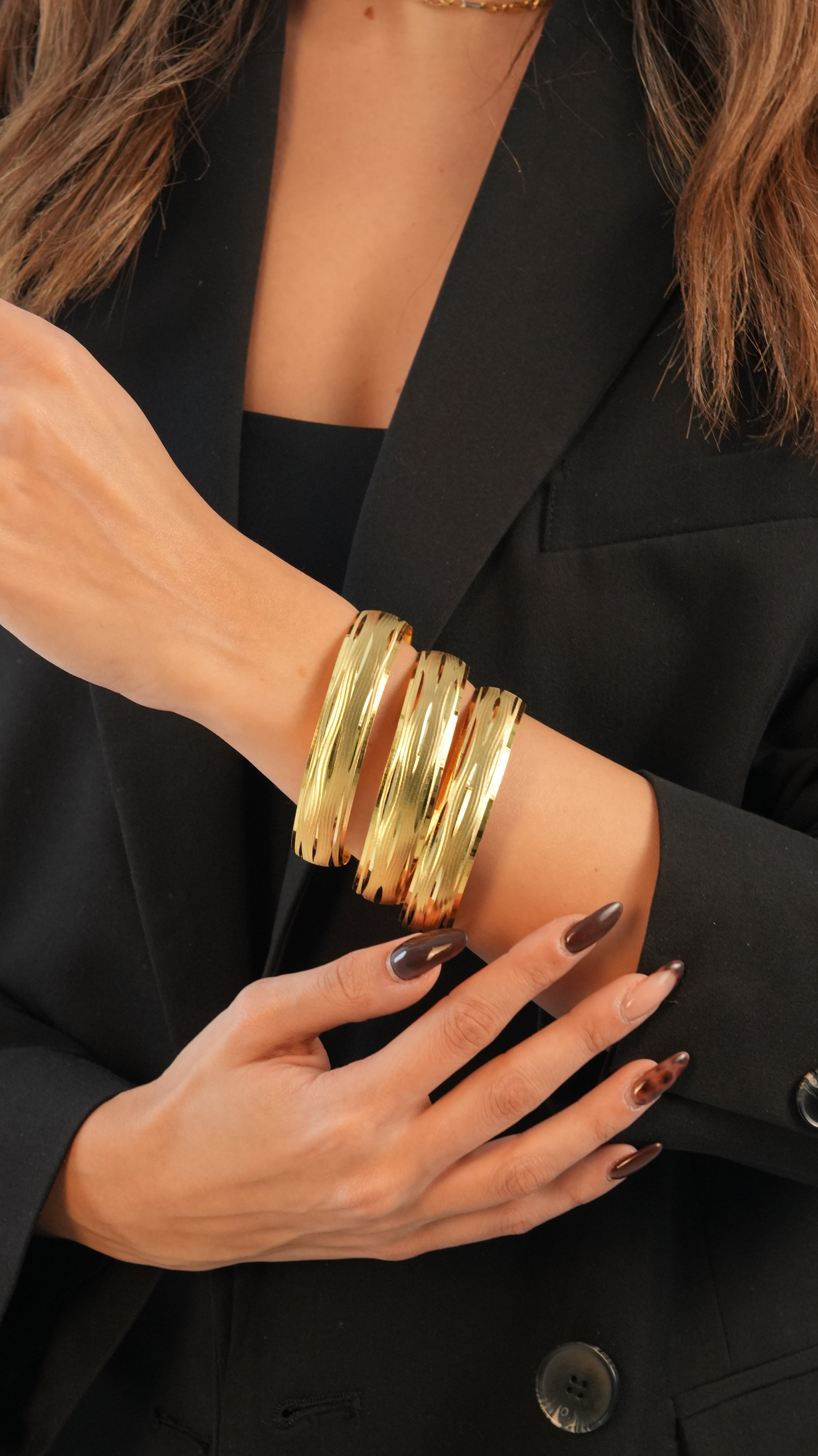 22 Ayar Altın Görünümlü Ağaç Kabuğu Bilezik – 3'lü Set