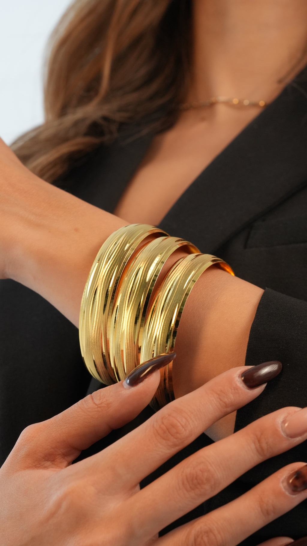 22 Ayar Altın Görünümlü Ağaç Kabuğu Bilezik – 3'lü Set