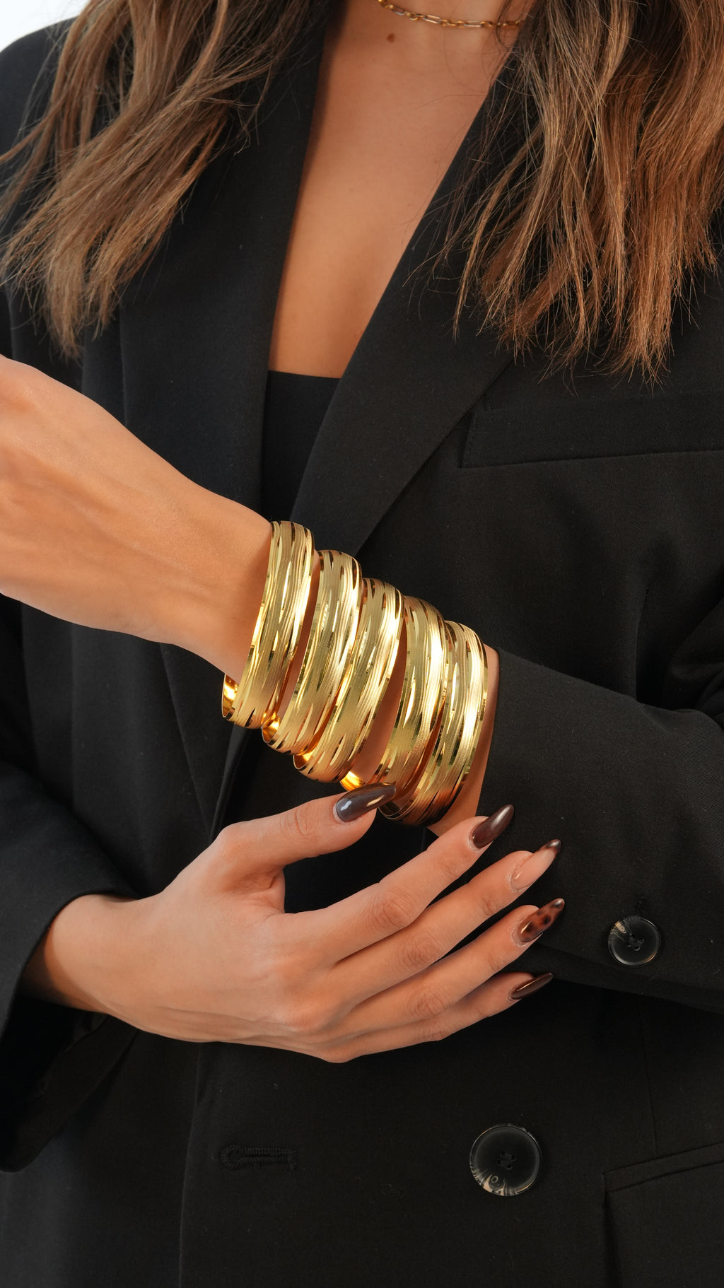 22 Ayar Altın Görünümlü Ağaç Kabuğu Bilezik – 3'lü Set