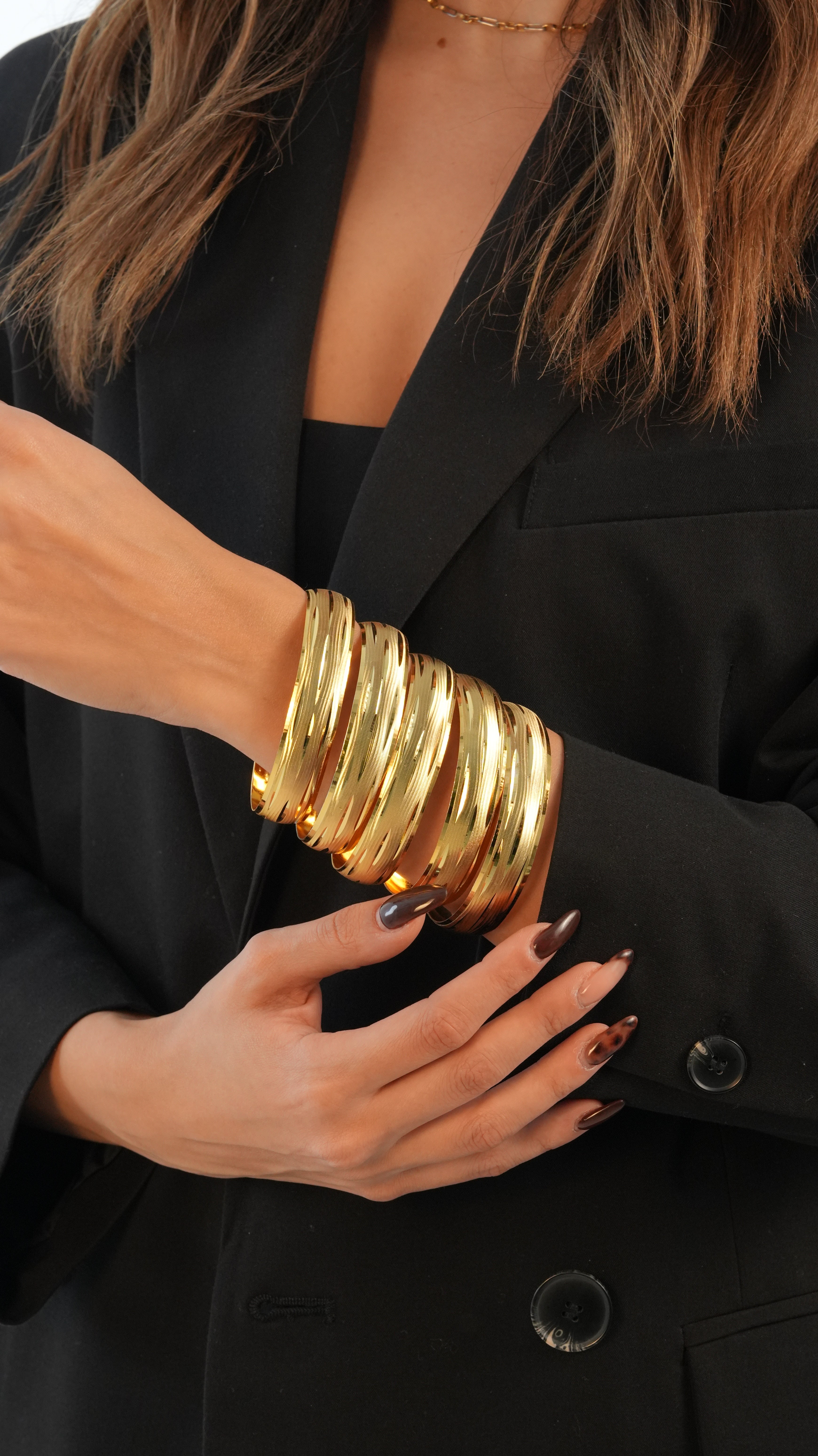 22 Ayar Altın Görünümlü Ağaç Kabuğu Bilezik – 3'lü Set